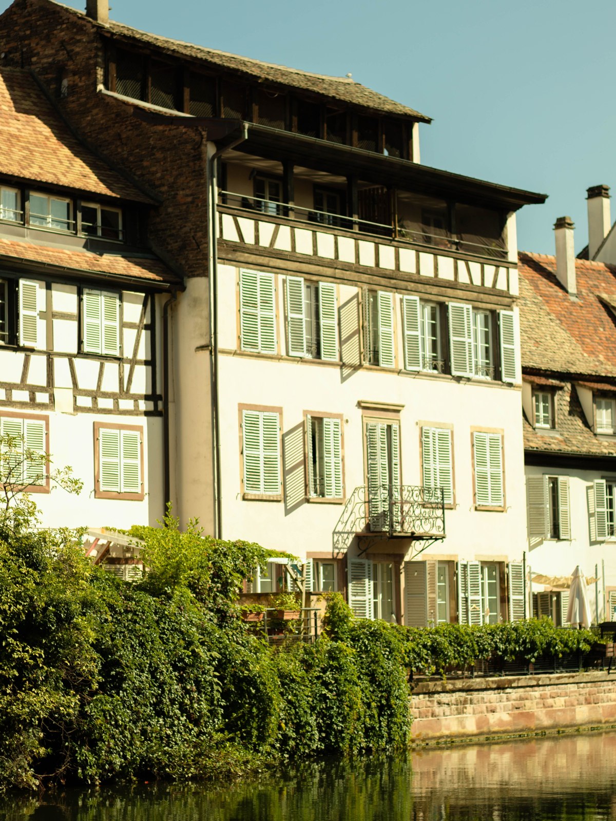 Half-timbered houses beside water in Strasbourg