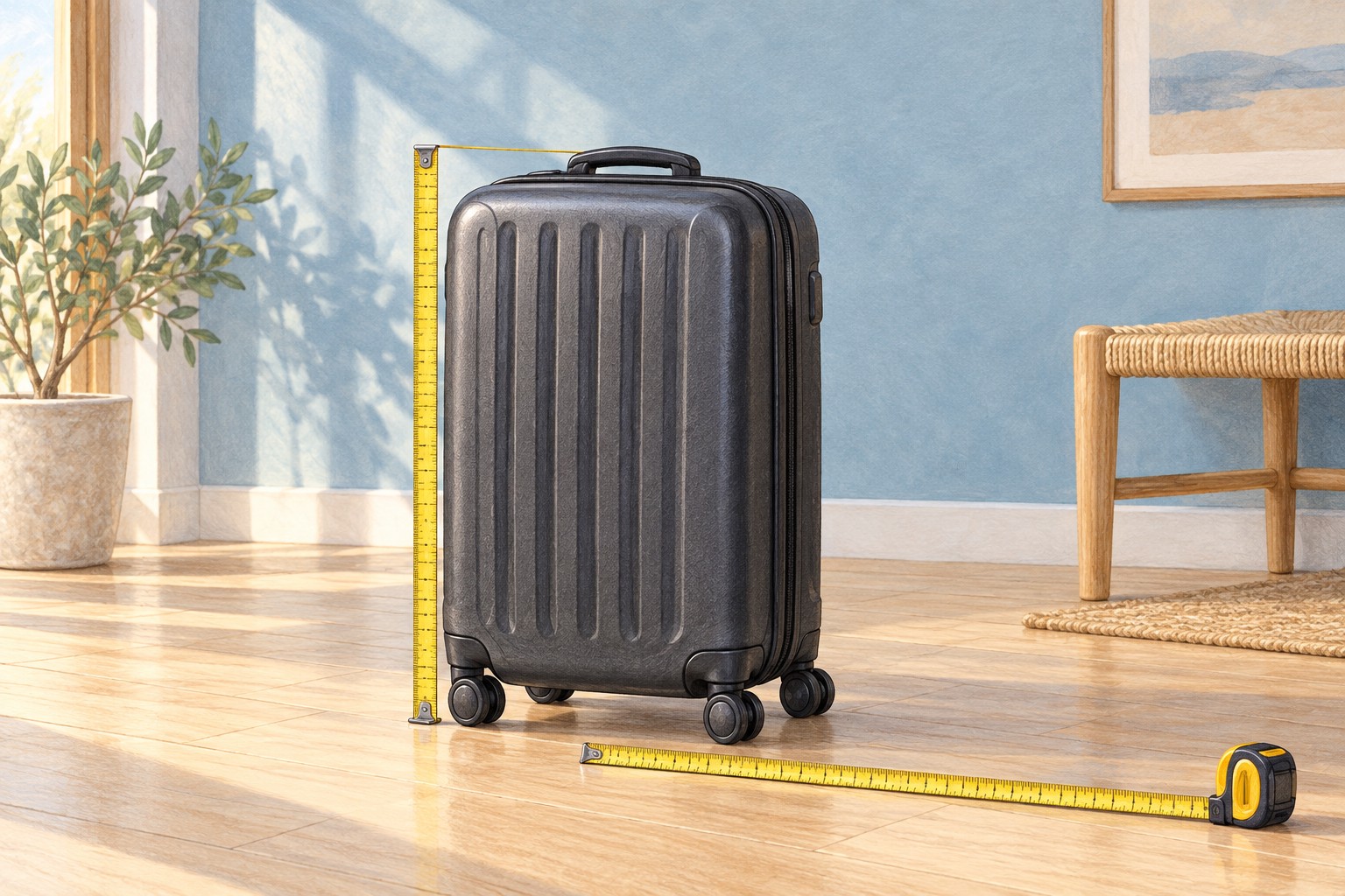 Illustration of a cabin suitcase with wheels and measuring tapes for its outer dimensions