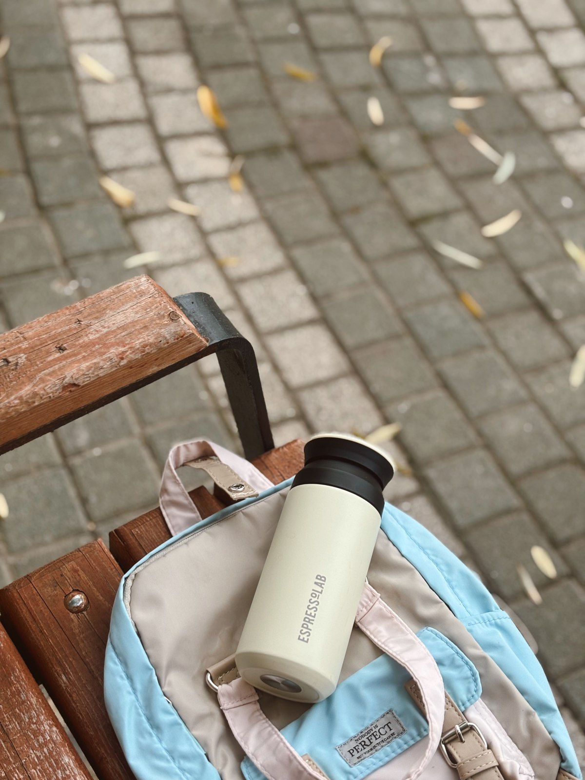 Travel backpack on a bench