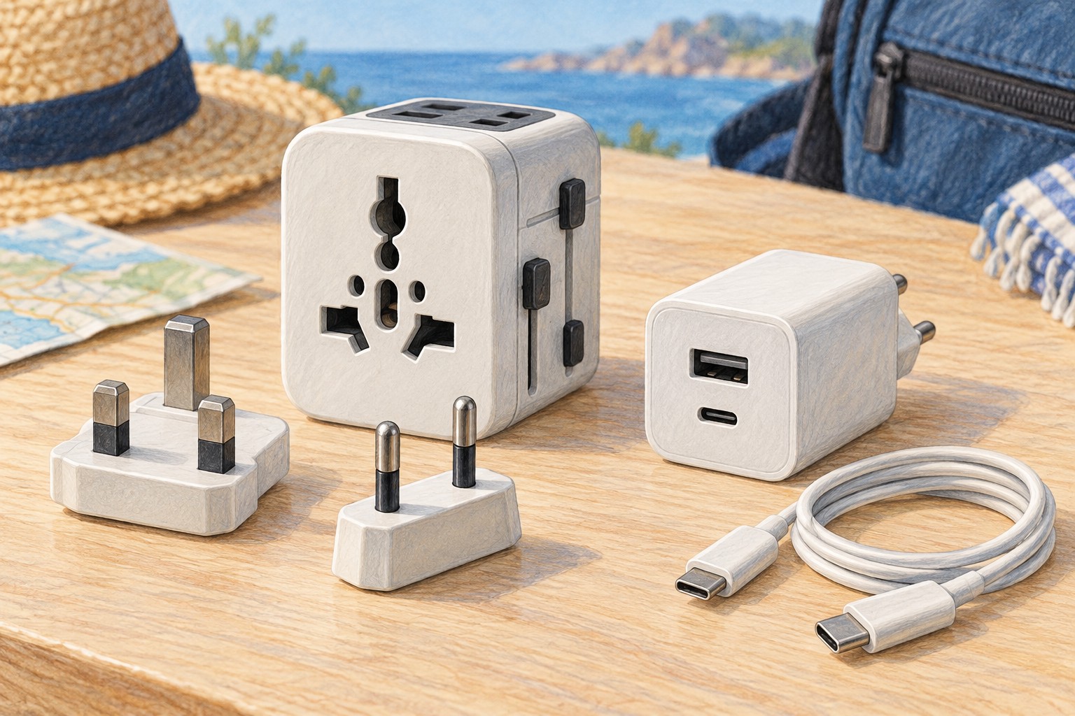 Travel adapter beside a USB charger