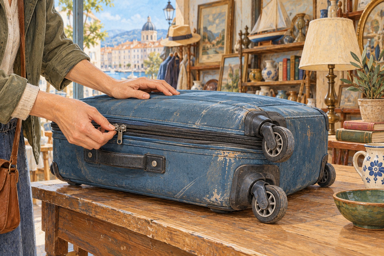 Inspecting a used suitcase