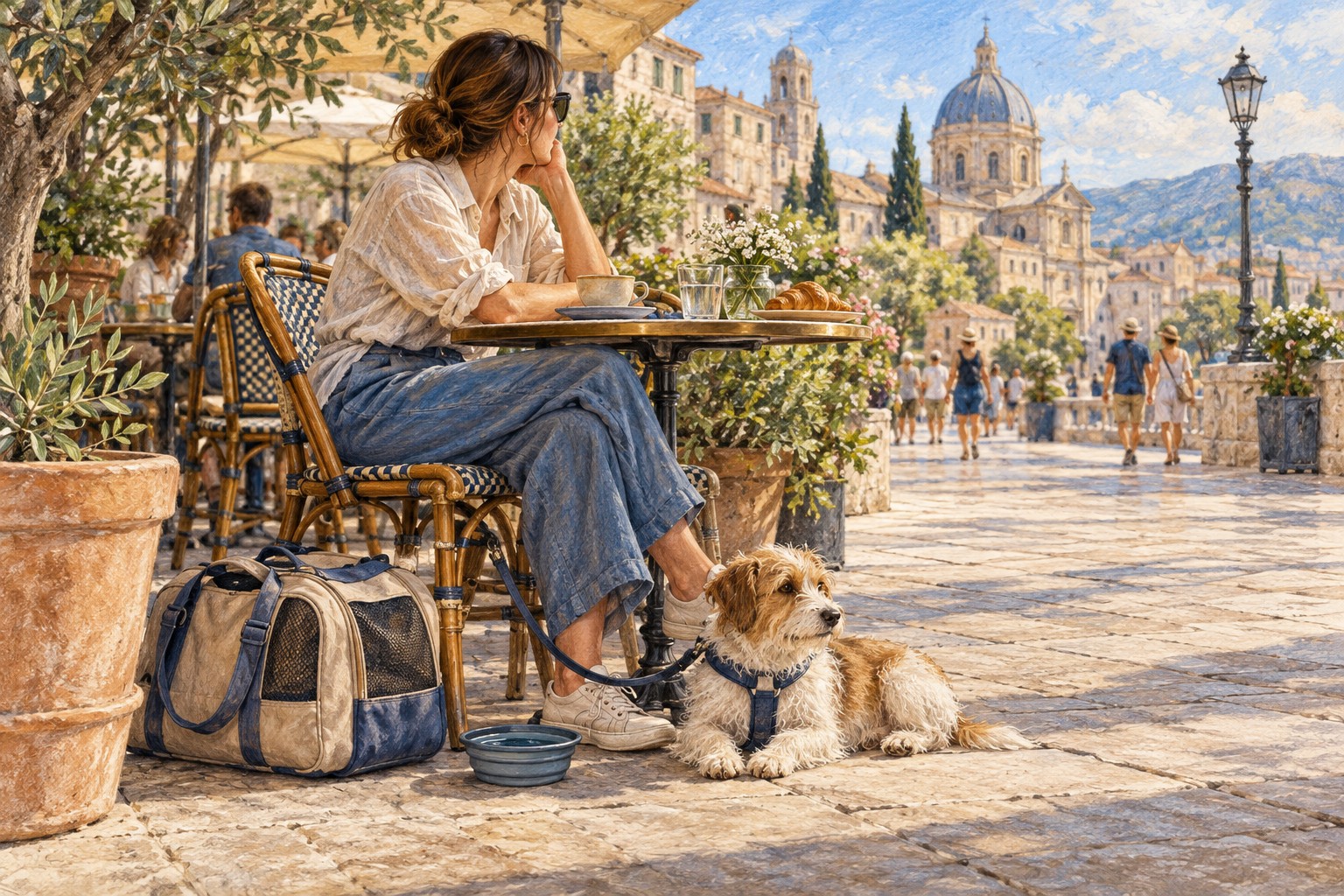 City break with a dog and water bowl