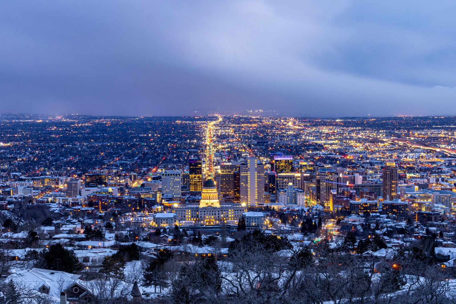 City lights at winter dusk