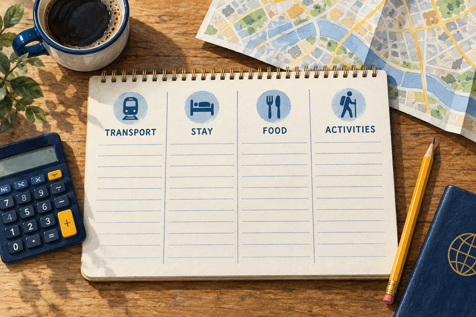 Illustration: Travel budget by cost category with a calculator