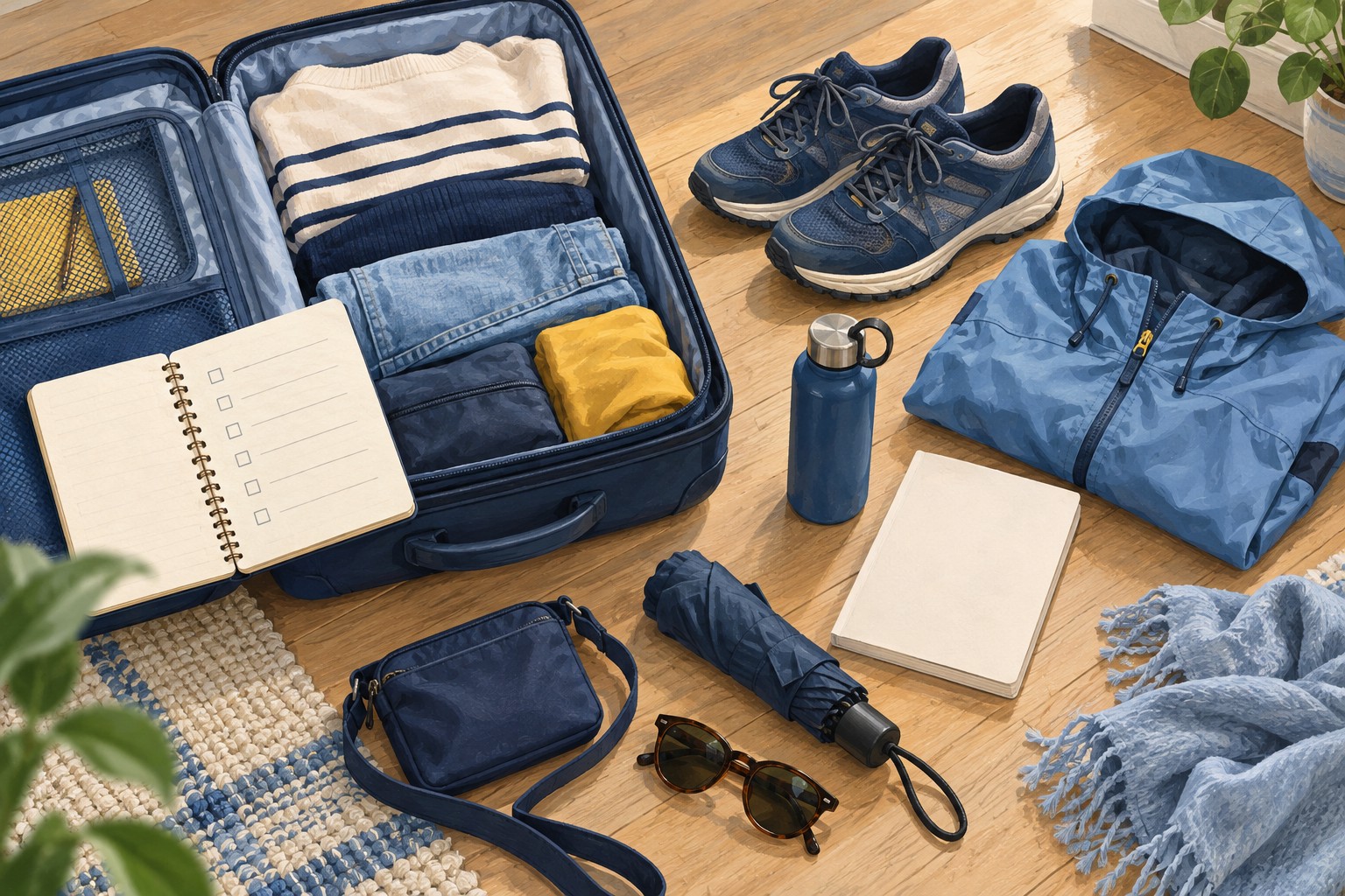 Illustration: Packing list beside a rain jacket and city walking shoes