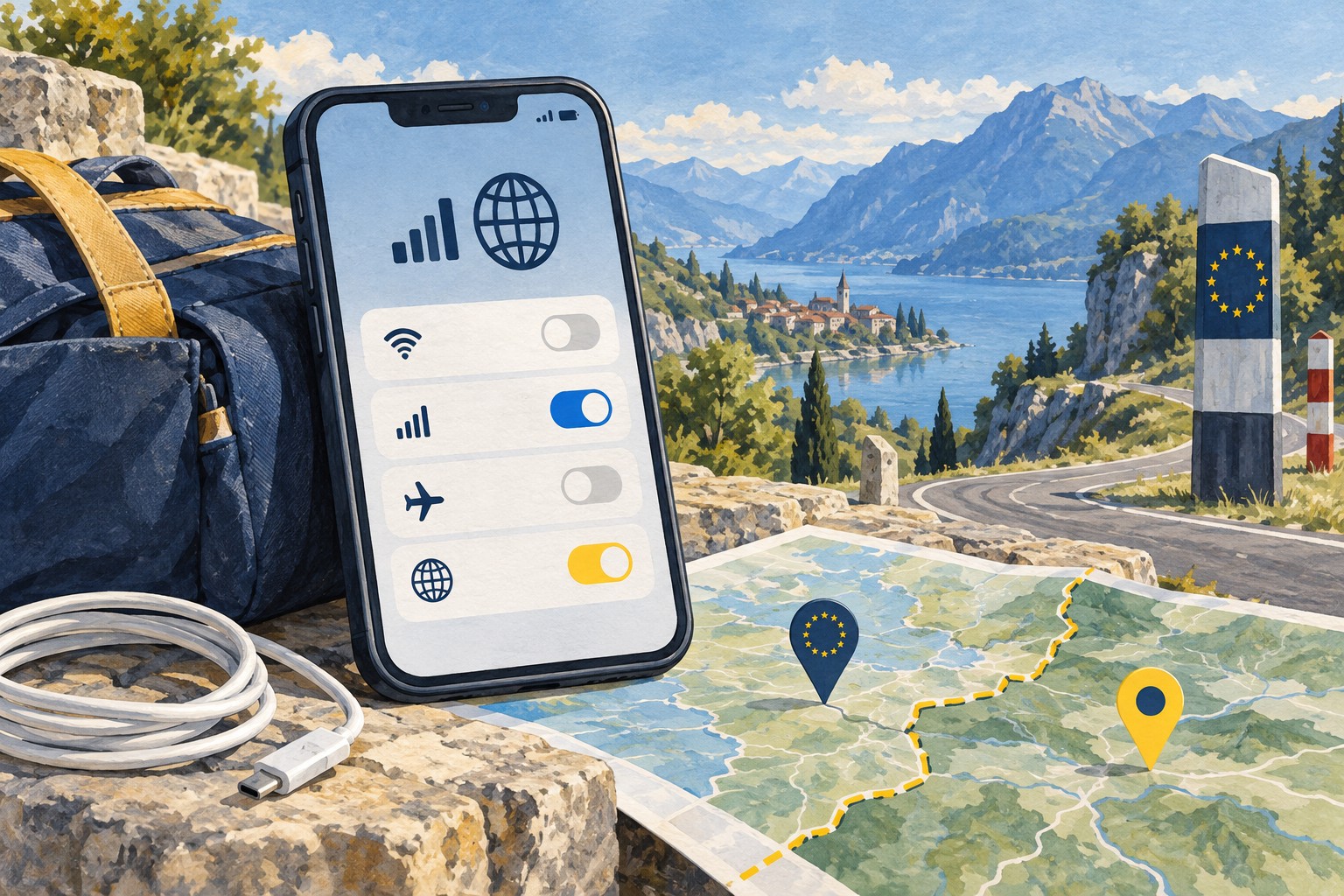 Illustration: Data roaming settings beside a map