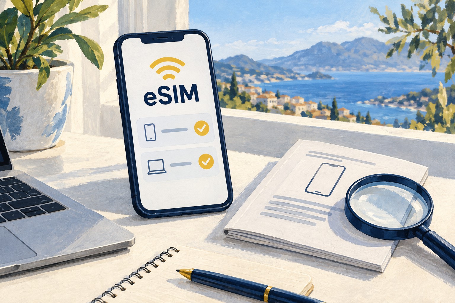 Illustration: Phone with an eSIM compatibility check and device documents