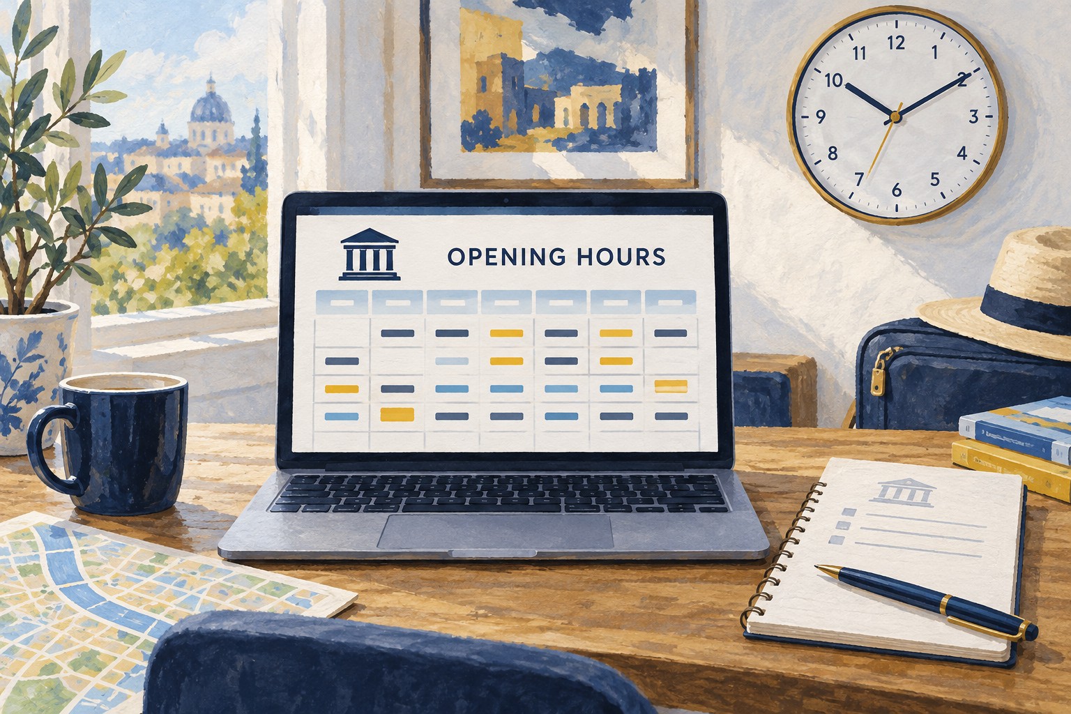 Illustration: Opening hours on a laptop beside a reservation note