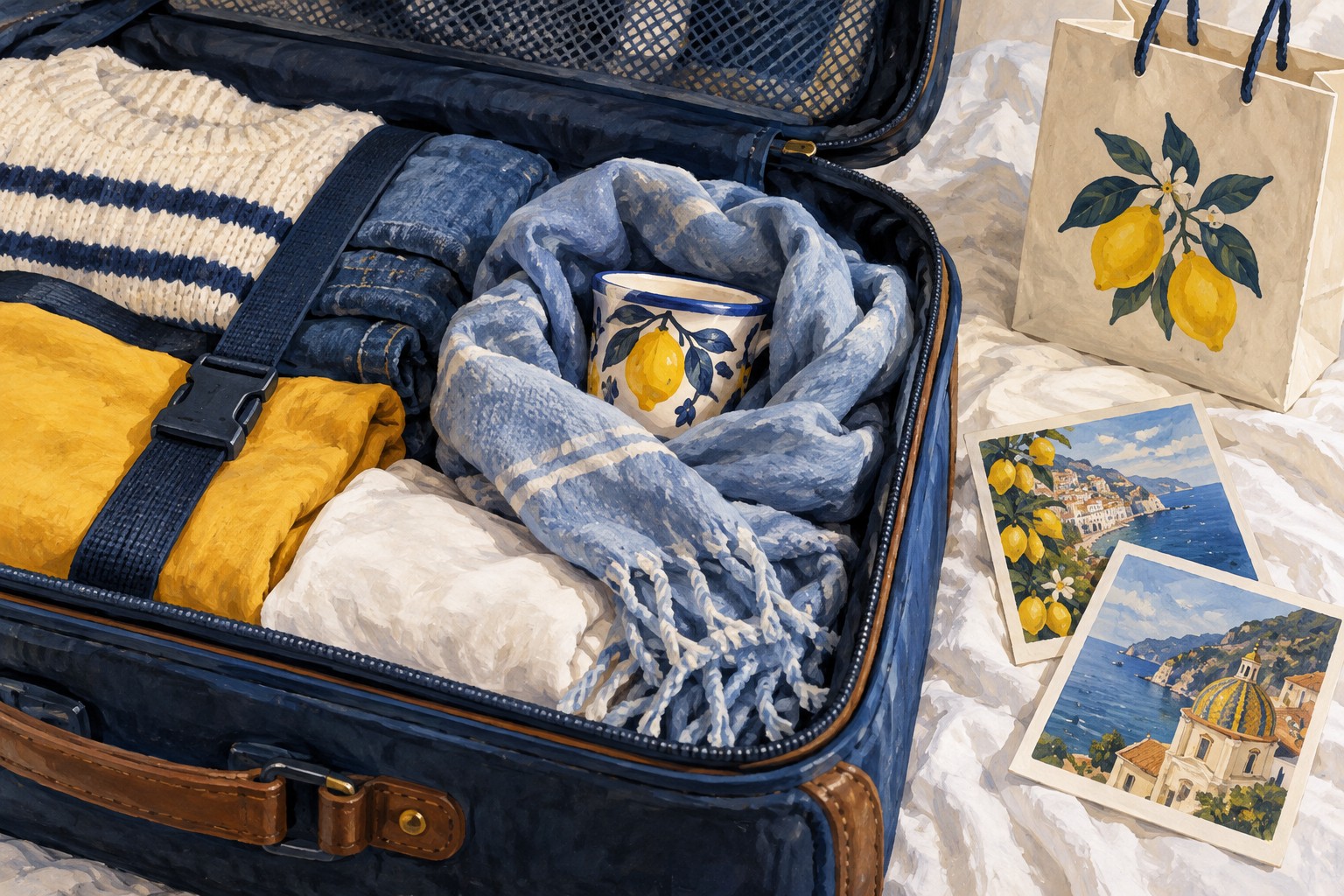 Illustration: A souvenir wrapped in a scarf inside a suitcase