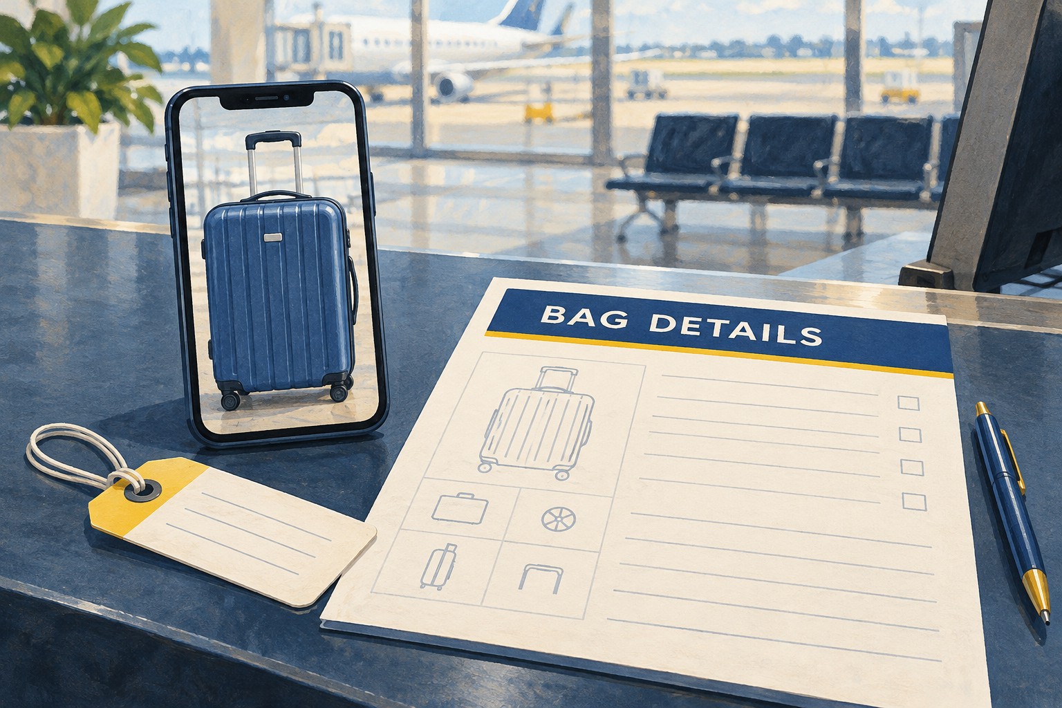 Illustration: Suitcase photograph and luggage description documents