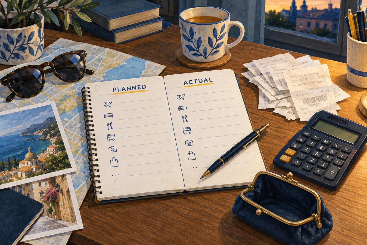 Illustration: Receipts and calculator for a trip cost review