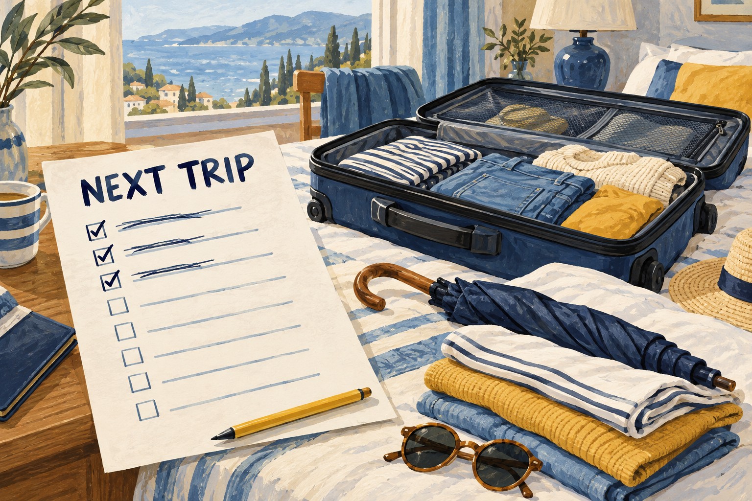 Illustration: Revised packing list beside unpacked luggage